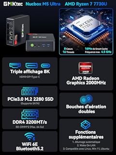 GMKtec M5 Ultra Mini PC Ryzen 7 7730U(8C/16T, jusqu'à 4,5 GHz), 16 Go RAM 1 to SSD Mini Ordinateur de Bureau, Double LAN 2.5GbE, Affichage Triple 4K, WiFi 6E, USB-C, BT 5.2, DP, HDMI 2.0