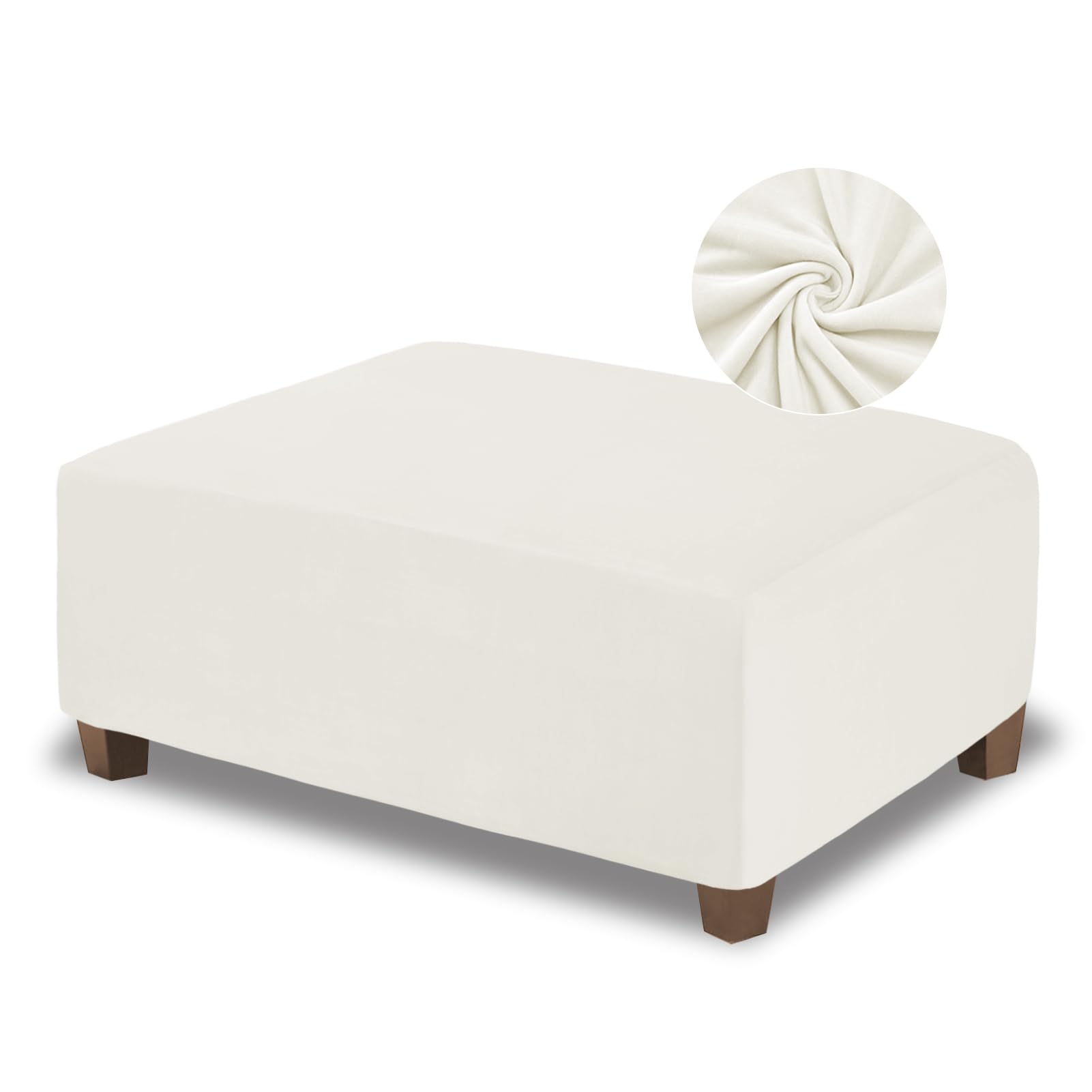 NeColorLife Velvet Ottoman Cover Rectangle Storage Ottoman Slipcover Thick Stretchable Footrest Stool Covers with Elastic Band for Ottoman(Medium Size,Off White)