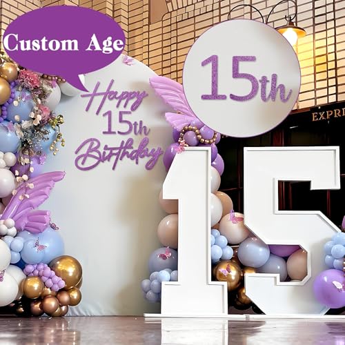 Image of Happy Birthday with 0-9 Numbers Sign for Backdrop - Glitter Felt Custom Age Happy Birthday Decal for Balloon Arch Birthday Decorations Baby Shower - Purple
