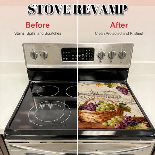 Image of Red Wine Glass Grapes Stove Top Cover for Electric Stove, Vintage Wine Bottle Covers for Electric Stove, Rubber Dish Drying Mat, Glass Cooktop Covers, Flat RV Range top Mats, 28 inchx20 inch