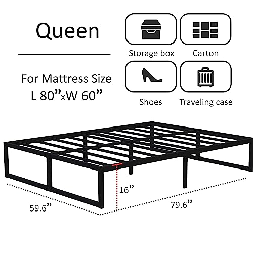 Lutown-Teen 16 Inch Bed Frame Queen Size Heavy Duty Steel Slat Support Metal Platform Queen Bed Frame No Box Spring Needed, Easy Assembly, Black - Thumbnail 2