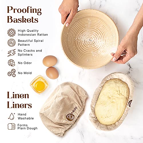 Banneton Bread Proofing Basket Set Of 2 With Sourdough Bread Baking Supplies - A Complete Bread Making Kit Including 9" Proofing Baskets, Danish Whisk, Bowl Scraper, Dough Scraper, & Bread Lame #TOP1