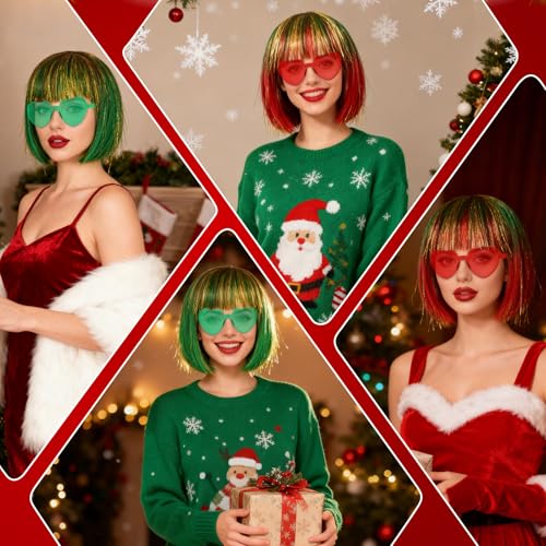 Image of PLULON Green-Red-Gold Bob Wig with Bangs for Women Men, Colorful Short Funny Bob Wigs with Heart Sunglasses and Hair Cap Colored Cosplay Hairpieces for Christmas Halloween Costume Neon Party