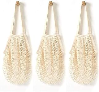 Pveath 3 Pack Grocery Mesh Bags Portable/Reusable/Washable Organic Cotton String Shopping Bags Produce Net Tote Bags with Short Handle Shopping Handbag for Fruit Vegetable Storage (White)