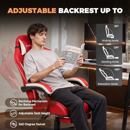 Image of GTPLAYER Gaming Chair with Footrest, Ergonomic Office Chair 400lbs Heavy Duty, Big and Tall Computer Desk Chair with Lumbar Support and Headrest, Faux Leather 90-155 Recline Red
