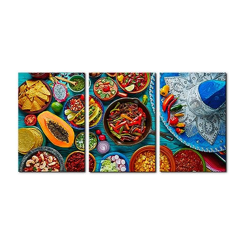 Pacimo Wall Art Canvas Painting Mexican Inspired Posters and Prints Decorative Modern Home Decoration Colorful Food Vegetables Fruit Wall Home Decor Wall Art for Living Room - 16" x 24" x 3 Panels