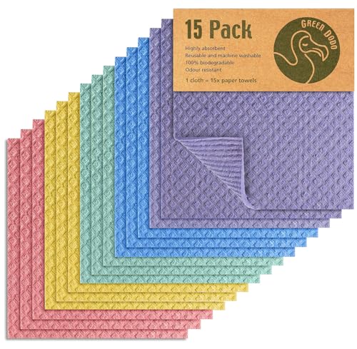 Green Dodo Swedish Dishcloths for Kitchen - 15 Pack - Eco Friendly Biodegradable & Sustainable Sponge Kitchen Cloth - Absorbent & Odour Free Dish Cloths for Kitchen - Paper Towel Alternative Green Dodo Swedish Dishcloths for Kitchen - 15 Pack - Eco Friendly Biodegradable & Sustainable Sponge Kitchen Cloth - Absorbent & Odour Free Dish Cloths for Kitchen - Paper Towel Alternative