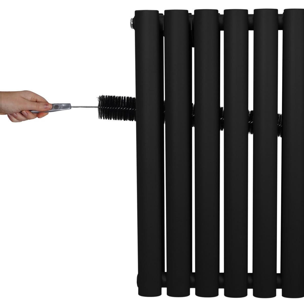 Radiatore a colonna ovale 600 mm x 600 mm Designer Doppio pannello Termosifone Nero Acciaio Inclusi Spazzola per la pulizia Kit di fissaggio e staffe