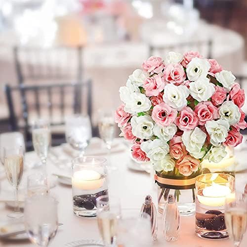 TAIANJI 50 Pcs Rose Flower Heads Artificial for Craft DIY Wedding Party Decor, White and Pink Small Rose Flower Head for Scrapbooking Embellishment, Garden Decor etc