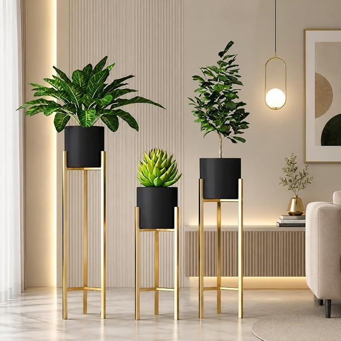 Modern Metal Floor Flower Planter with Stands for Living Room, Bedroom, Home Decor, Display Tall Indoor Plant Stand with Planter Pot Set of 3 (Black)-picture-30