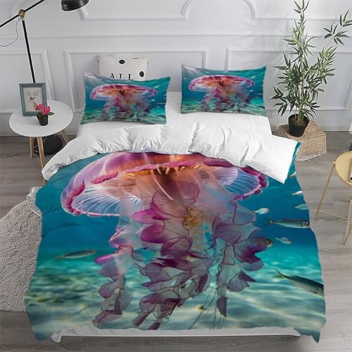 Housse de couette méduse 3 pièces parure de lit animaux marins 200x200cm
