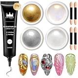 BISHENGYF Sculpture 3D Gel Nail Art: 4pcs Gold Und Silbere Poudre Chrome Ongle,Gel Ongle Nail Art 5d Kit Pour Bricolage Et Modelage Des Ongles à La Maiso