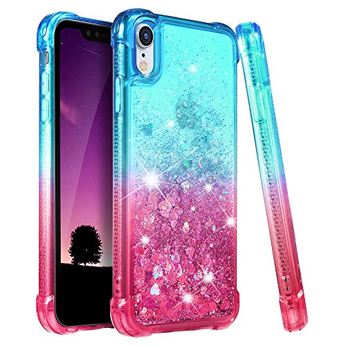 Ruky for XR Case, Gradient Quicksand Series Glitter Bling Flowing Liquid Floating TPU Bumper Cushion Reinforced Corners Women Case for XR 6.1 inches (2018) (Teal Pink)