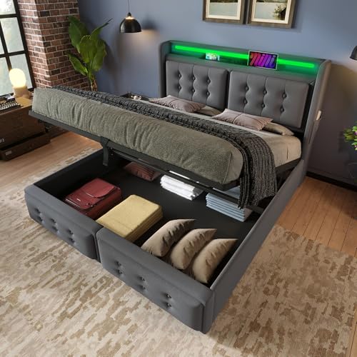 Kayan Polsterbett 160x200cm, Doppelbett mit Stauraum und Lattenrost, LED Kopfteil mit USB Ladefunktion, Stauraumbett Funktionsbetten Rückenlehne Bettgestell, Baumwolle (Grau 1, 160x200cm)