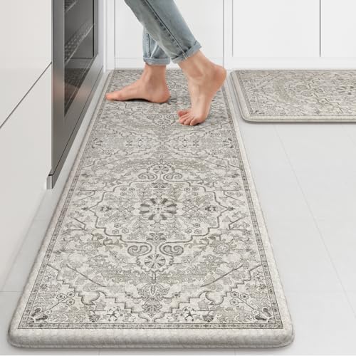 KIMODE Kitchen Mats Cushioned Anti Fatigue, Boho Vintage Grey Kitchen