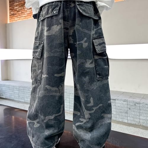 Kids Boys Cargo Baggy Wide Leg Jeans Y2K Streetwear Denim Pants Casual Loose Elastic Waist Trousers Jeans with Pocket4