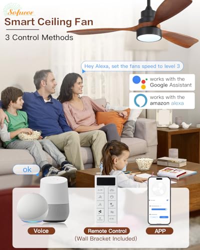 Image of Sofucor 48 Inch Smart Wood Ceiling Fans with Lights, Flush /Downrod Mount | Alexa /App /Remote Control, Quiet Reversible DC Motor, 3CCT Dimmable, Timer, Indoor /Covered Outdoor /Bedroom /Living Room, Brown