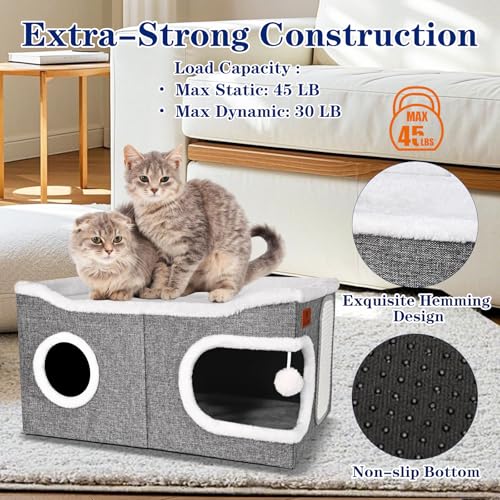 Extra Large Cat Beds for Indoor Cats, Covered Cat Cave Beds & Furniture with Scratch Pad and Fluffy Ball, Foldable Cat Condo Hideaway with Reversible Cushion for Multi Small Pet Large Kittens, Grey - Image 4