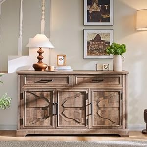 JXQTLINGMU 55" Large Buffet Sideboard Cabinet with 3 Doors and 2 Drawers, Buffet Table Coffee Bar Wine Bar Storage Cabinet for Dining Room, Living Room, Warm Brown JXQTLINGMU 55 Large Buffet Sideboard Cabinet with 3 Doors and 2 Drawers Buffet Table Coffee Bar Wine Bar Storage Cabinet for Dining Room Living Room Warm Brown