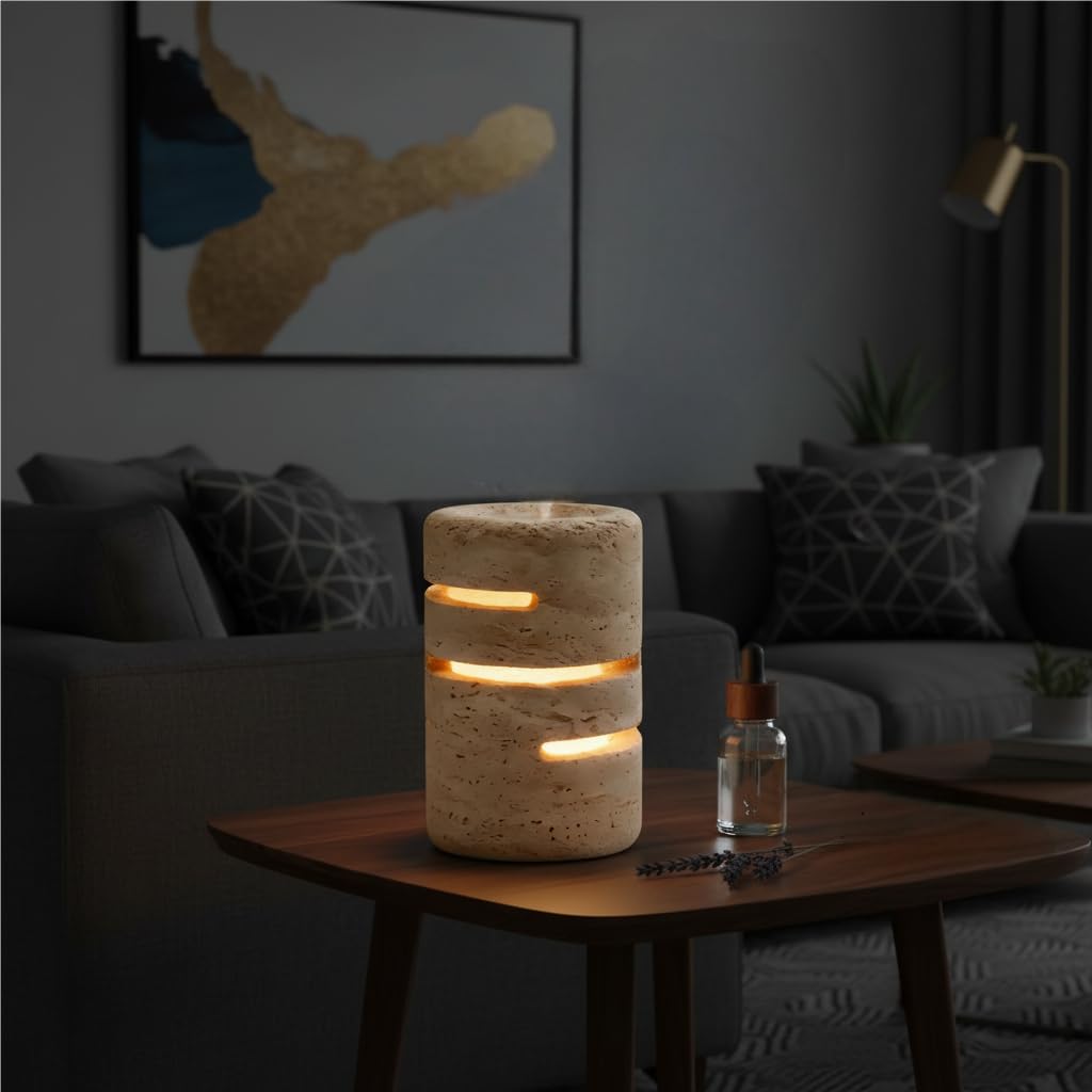 Marmor Nachttischlampe Dimmbar aus Travertin,Wiederaufladbare LED Tischleuchte,Steinlampe Rechargeable Lamp, Ambiente Lampe