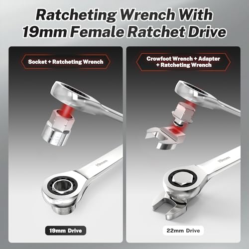 Image of BILITOOLS Serpentine Belt Tool Set with Ratcheting Wrench, Tensioner Kit | Universal Set with Crowfoot Wrenches & Socket Adapters, 19mm & 22mm Ratchet Drive, Durable Steel