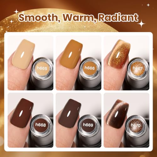 Image of Beetles Brown Gel Polish Set - 6 Colors Toffee Caramel Nude Brown Cat Eye Fall Gel Nail Polish with Magnet, Soak Off UV LED Manicure Set for Daily Wear Travel Gifts,0.25 fl oz Each