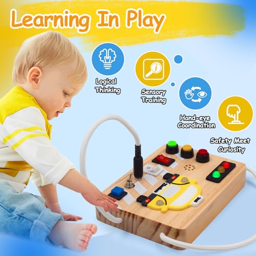 Image of Montessori Busy Board Wooden Sensory Toys with LED Light Up Switch Travel Toys for 1+ Year Old Toddler Baby Boys Girls Gifts (Taxi Busy Board)