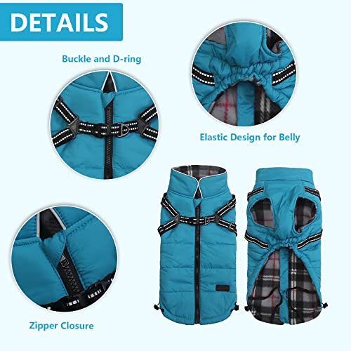 Geyecete Winter Warm Coat Waterproof Jacket with Harness Traction Belt,Pet Outdoor Jacket for Medium, Small Dogs - Blue - Image 3