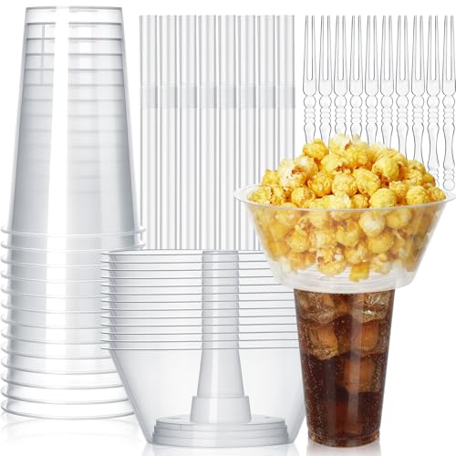 Jingmore 30 Sets Snack and Drink Cup Disposable Clear Plastic Cups with Snack Bowl on Top Includes Cups Bowls Straws Forks for Stadium Movie Night and Party