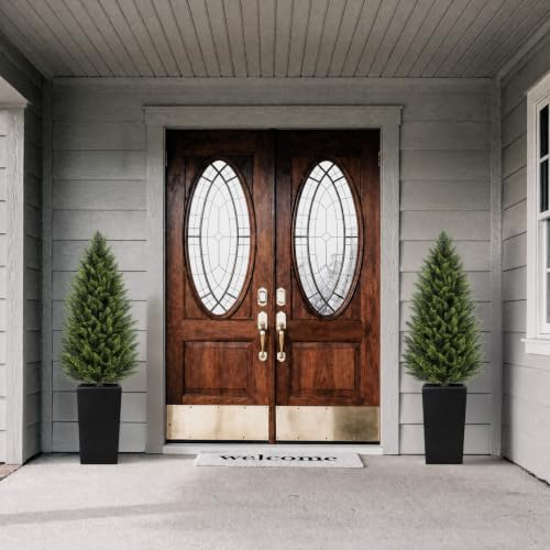 Image of VIVATREES 4FT Artificial Cedar Topiary Trees 2 Pack, Faux Cypress Plants with Black Square Planters, UV Resistant Outdoor Evergreen Decor for Front Porch, Patio, Garden & Home