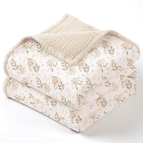 Image of lulumoon Muslin Baby Blanket for Girls - Soft Cotton for Newborn - 4 Layer Reversible Breathable Floral Receiving Blanket for Nursery Crib and Stroller 47 inchx47 inch (Ivory Flower)