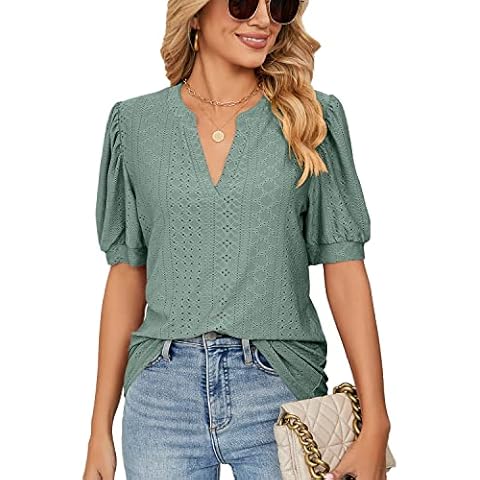 Women's Business Casual Tops Puff Sleeve V-Neck T-Shirt Summer Clothes Green Blouses Cover