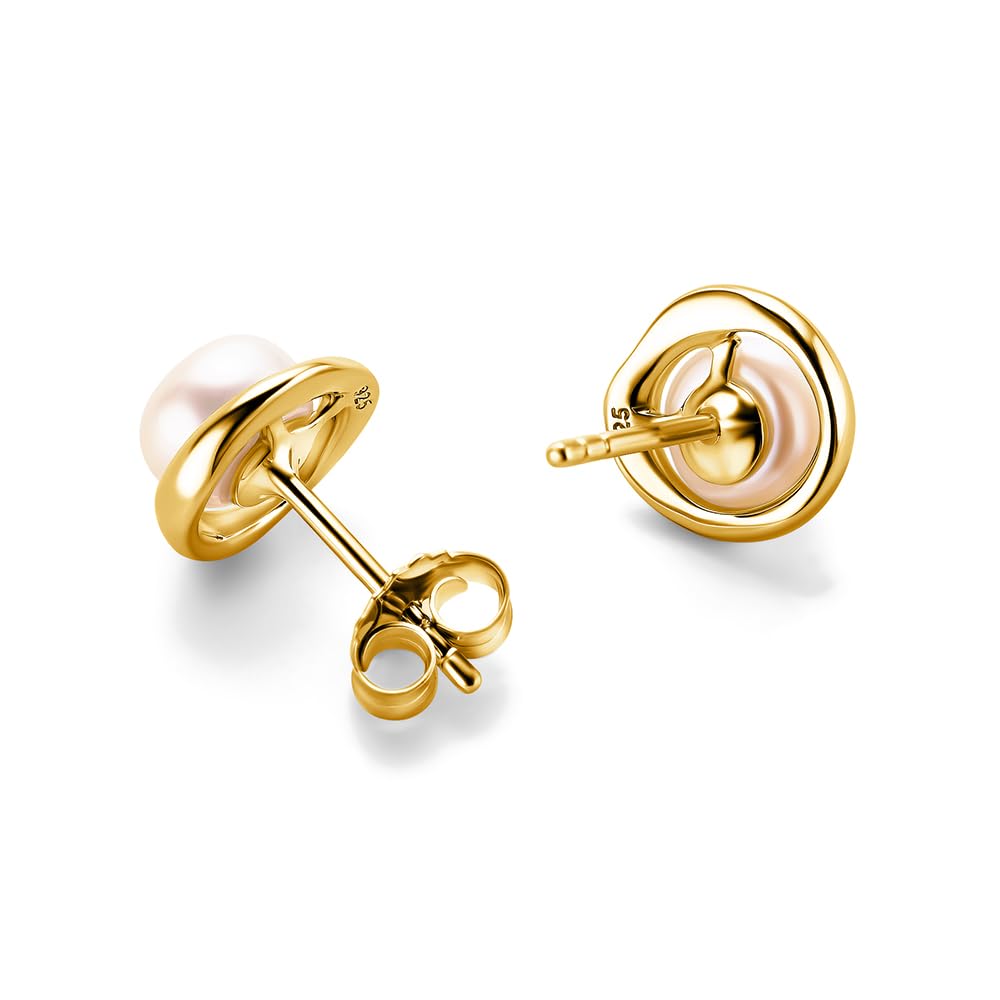 Miore Pendientes Mujer de Plata, Chapados en Oro/Plata Sterling 925, Con cierre a presión, Perlas de Agua Dulce 6 mm, Pendientes redondos 9,5 mm, Joyería para Mujer, Se entrega en Estuche para joyas