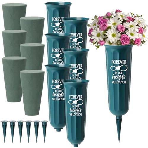 Décorations de tombe vase de cimetière en plastique vert lot de 6 cônes cœur