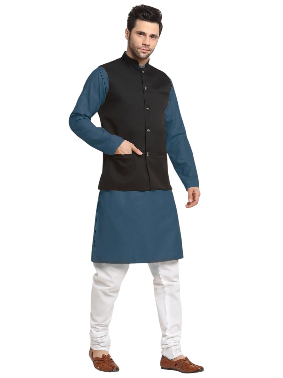 kraft india Men's Cotton Solid Denim Blue Knee-Length Kurta Pyjama with Twill Nehru Jacket Set-picture-19