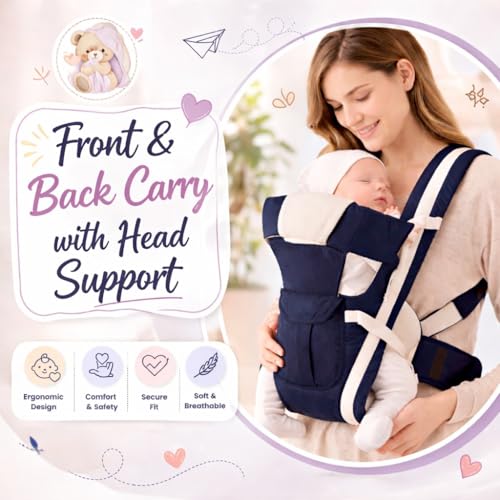 Image of LittleBoo New Born Baby Carrier Bag 4-in-1 Adjustable Baby Sitting Carrier Bag - Front & Back Carry with Head Support, Safety Belt & Buckle Straps for 0-24 Months (Navy Blue)