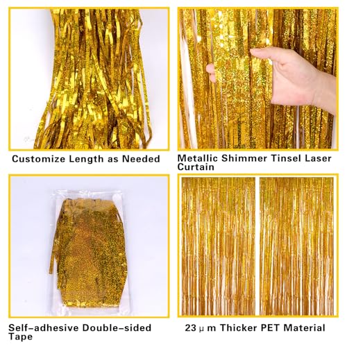 2 Pack 3.2ft x 8.2ft Gold Metallic Foil Curtains, Big Laser Glitter Fringe Rain Curtain Photo Booth Backdrop Tinsel Curtain Streamer for Birthday Wedding Graduations Christmas Event Party Supplies - Thumbnail 5