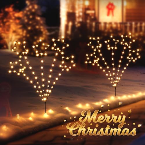 Quntis Shooting Star Christmas Pathway Lights LED 2 Pack Battery Powered IP44 Waterproof Garden Stake Lights Warm White 8 Modes Timer Garden Decorations for Xmas Holiday Path Yard Lawn Decoration