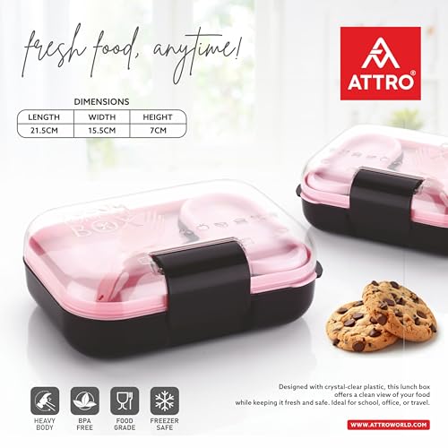 Image of ATTRO Food Bite Kids Plastic Lunch Box - 3 Compartments, 1 Small Container & Spoon, with Stylish Lid BPA-Free, Freezer Safe, Ideal for School, Travel & Outdoor - Purple Pink-500ml