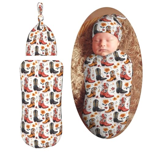 Image of Vintage Cowgirl Boot Newborn Swaddle Blankets Hat Sets Soft Baby Receiving Blanket Swaddle Sack for Baby Shower Infant Boy Girl Gift