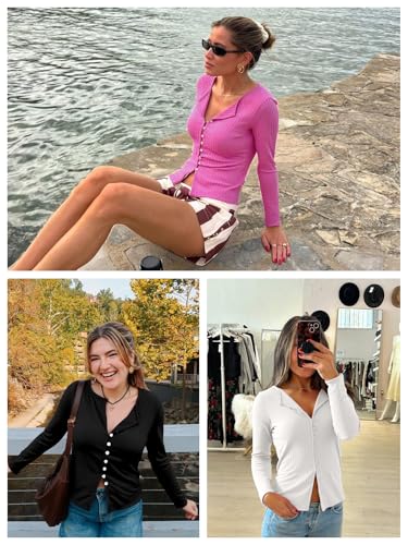 Womens Cardigans Button Down Long Sleeve Ribbed Shirts Cute Lighweight Fitted Y2K Fall Tops2