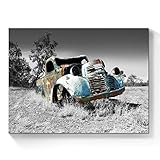 SunFlax Car Picture Canvas Wall Art - Rusty Blue Truck Picture Country Painting Vintage Black and Wh