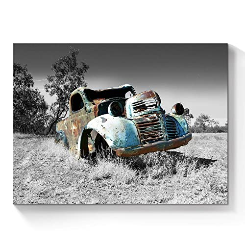 Sunflax Car Picture Canvas Wall Art - Rusty Blue Truck Picture Country Painting Vintage Black And White Print Rustic Farmhouse Artwork For Bedroom Bathroom Office #TOP11