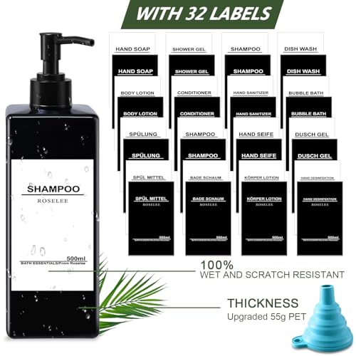 Roselee 4er Seifenspender Schwarz Set, 500ml Seifenspender Dusche Kunststoff Shampoo Flaschen Zum Befüllen mit Trichter und Wasserdichten Etiketten Shampoo Spender für Küche Badezimmer Bad