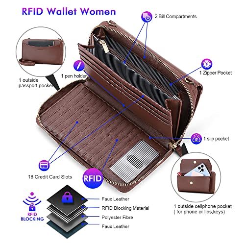 Image of nuoku RFID Blocking Wristlet Wallet for Women, Zip-Around Crossbody Clutch with 2 Removable Straps