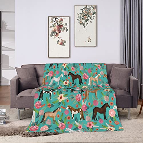 Artfuy Horse Blanket Ultra Soft Lightweight Cozy Warm Flannel Throws Blanket Cute Horses And Flowers Print Blanket For Couch Bedroom Living Room Adults Boys Girls Gift #TOP3