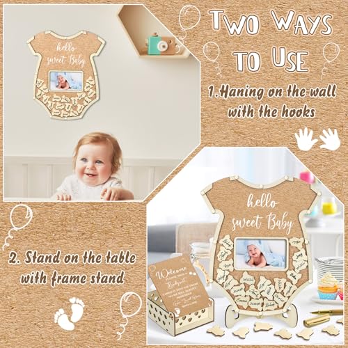 Image of Wenqik 63 Pcs Bodysuit Baby Shower Guest Book Alternatives Set Baby Shower Decorations with Photo Frame Sonogram Frame Keepsake 60 Wood Slices Guest Book for Birthday