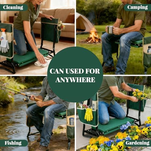 Rodilleras y asiento de jardín mejorado con almohadilla suave gruesa y ampliada, banco de jardinería resistente y asiento plegable con 2 bolsas de herramientas, regalos para mujeres, personas mayores
