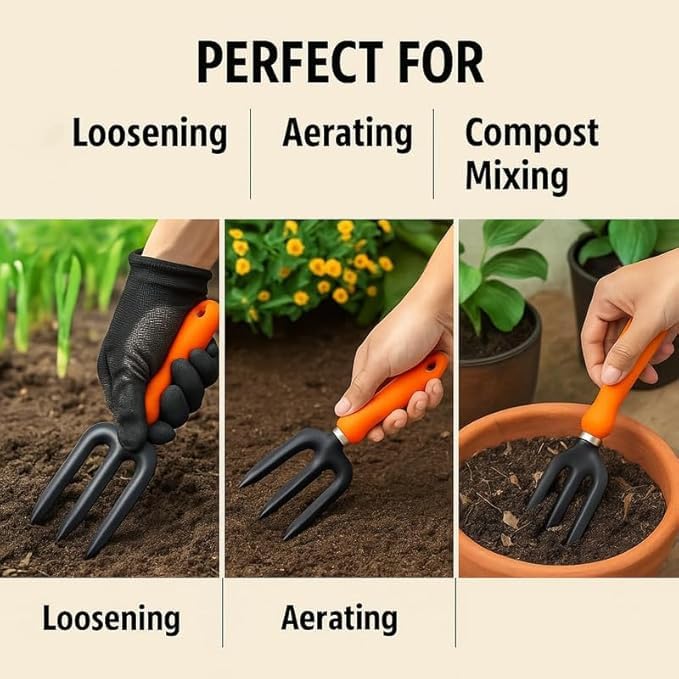 Image of Gardening Hand Fork| Heavy Duty Iron 3-Prong with Ergonomic Handle| Durable Garden Fork for Digging, Soil Turning, Planting, Aerating & Weeding(GTK)