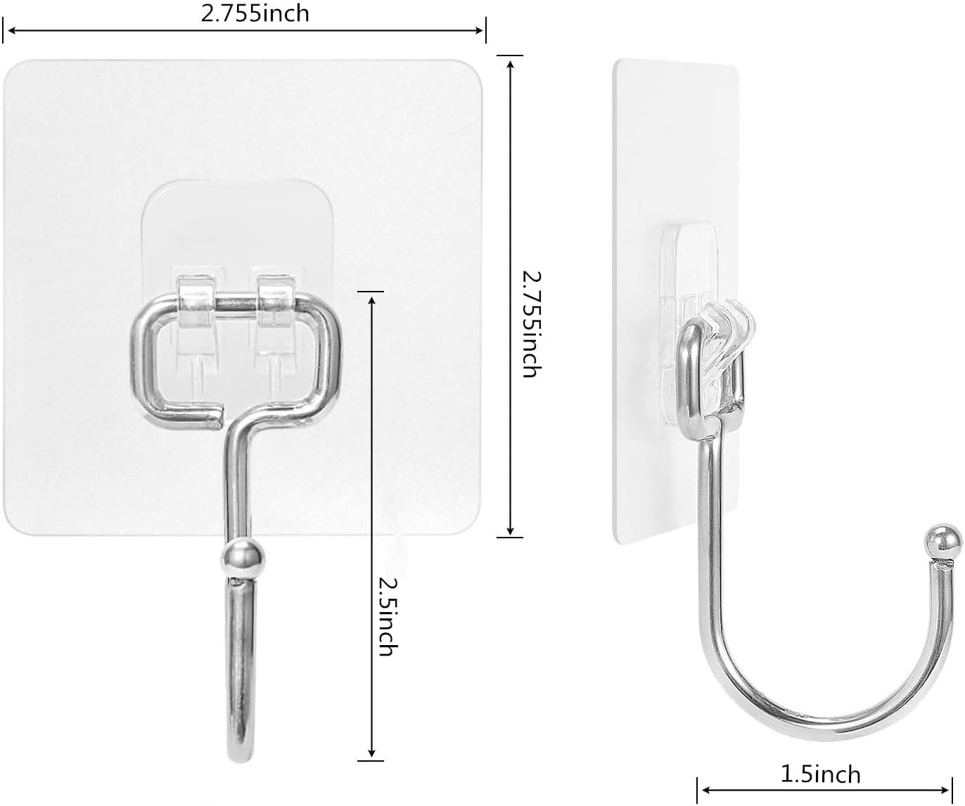 Large Adhesive Hooks 22Ib(Max),Waterproof and Rustproof Wall Hooks for Hanging Heavy Duty,Stainless Steel Towel and Coats Hooks to use Inside Kitchen Bathroom Home and Office 8 Pack (Transparent)